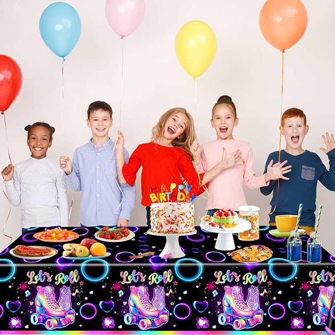3 Pack Roller Skating Tablecloths, Roller Skating Party Decorations, Let’s Roll Tablecloth for Roller Skate Birthday Party Decorations, 54 x 108 Inch