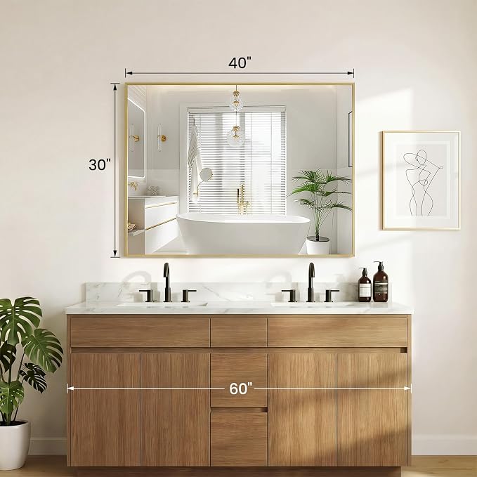 Sweetcrispy Bathroom Mirror for Over Sink, 30" x 40" Rectangle Wall Mount Mirrors with Metal Frame, Modern Vanity Mirror with Tempered Glass, for Home Decor, Anti-Rust, Gold