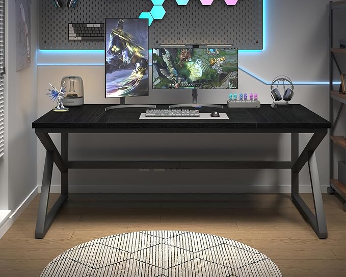 HSH 70 Inch Long Black Desk, Large Metal Wood Computer Desk for 2 Monitors, Modern Home Office PC Laptop Desk for 2 People Executive Writing Work Study Gaming, Simple Bedroom Living Room Black Table