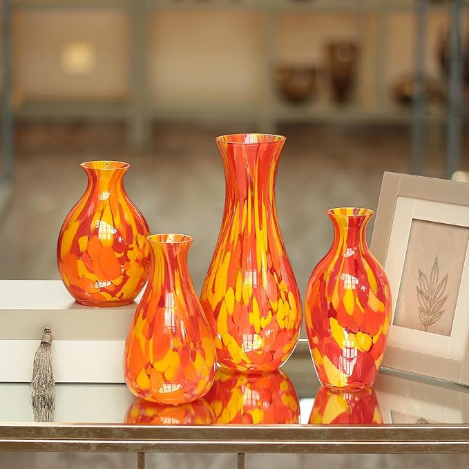 Ca D Oro Glass Vase Orange/Yellow Confetti Effect Hand Blown Murano-Style Art Glass for Flower, Room Decoration and Centerpiece - Model Nº 83