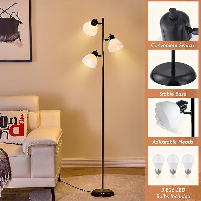 Modern Tree Floor Lamp for Living Room Bedroom, Tall Pole Standing Lamps with 3 Adjustable Rotating Heads for Office, Decor Corner, Reading Indoor, 3 Bright Lights LED Bulbs Included (Black)