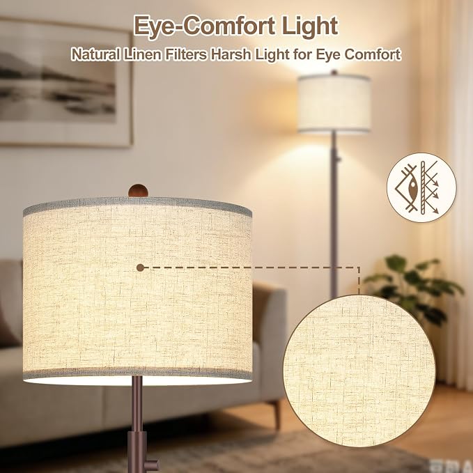 Nintiue 【Upgraded】 Dimmable Floor Lamp for Living Room, 11W LED Bulb Included, Modern Standing Lamp, Tall Pole Light with Linen Shade for Bedroom Reading Office Corner Nursery-Matte Brown
