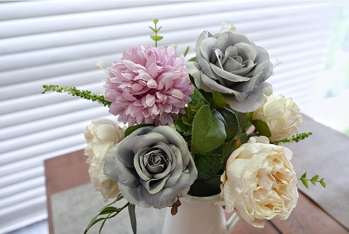 2Pcs Artificial Flower Bouquets Decoration, Faux Floral Arrangement Table Centerpiece Home Farmhouse Indoor Decor, Wedding Bride Bouquet, Mixed Fake Flower Picks for Vase/Pot (Blue/Purple/Cream/Green)