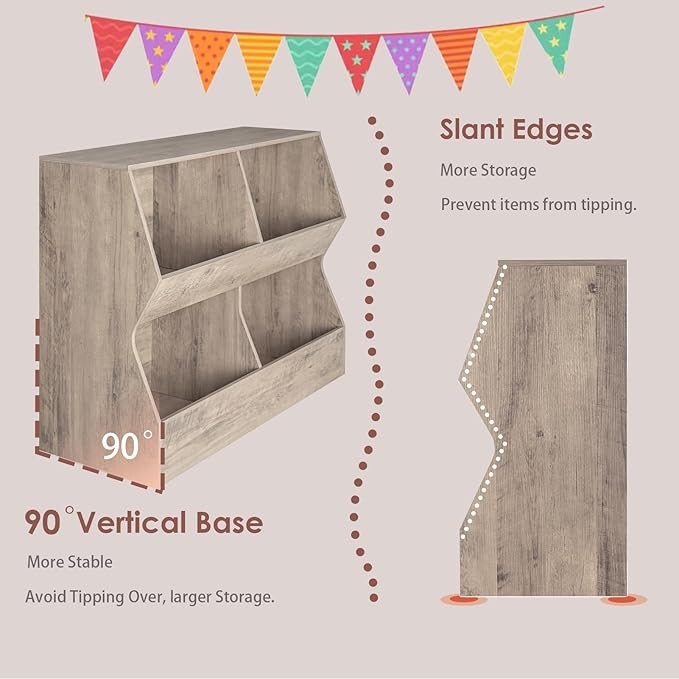 DINZI LVJ Kids Bookshelf, Toy Storage Organizer, Wooden Toy Storage Cabinet, 4 Cubby Children Bookcase, 39.4" L Toddler Book Shelf for Bedroom, Nursery, Hallway, School, Greige