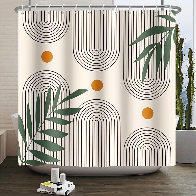 Boho Mid Century Shower Curtain Bohemian Minimalist Geometric Arch Sun Bathroom Curtain Sage Green Plant Polyester Shower Curtain Sets for Bathroom Extra Long 72x78 in with 12 Hooks