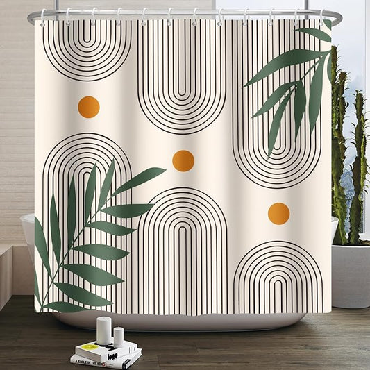 Boho Mid Century Shower Curtain Bohemian Minimalist Geometric Arch Sun Bathroom Curtain Sage Green Plant Polyester Shower Curtain Sets for Bathroom Extra Long 72x96 in with 12 Hooks