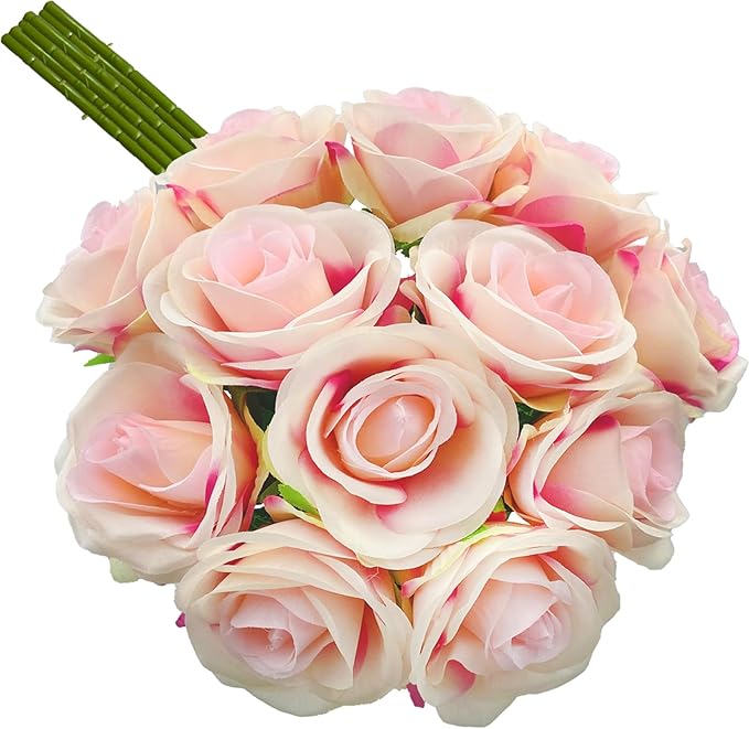 12 PCS Rose Artificial Silk Flowers, Fake Roses with Long Stems Realistic Faux Rose Flower Bouquets for Home Wedding Decoration Party-Gradient Pink
