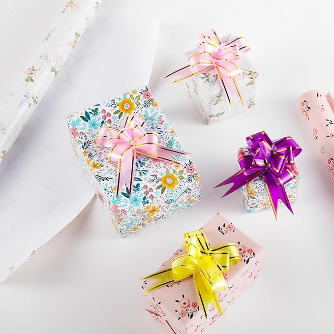 Miss DuiDui Floral Gift Wrapping Paper, 3 Rolls, 17 inch x 9.8 feet, Colorful Spring Summer Assorted Flower Design for Wedding, Birthday, Valentines' Day, Baby Shower, Anniversary, Bridal Shower, Party