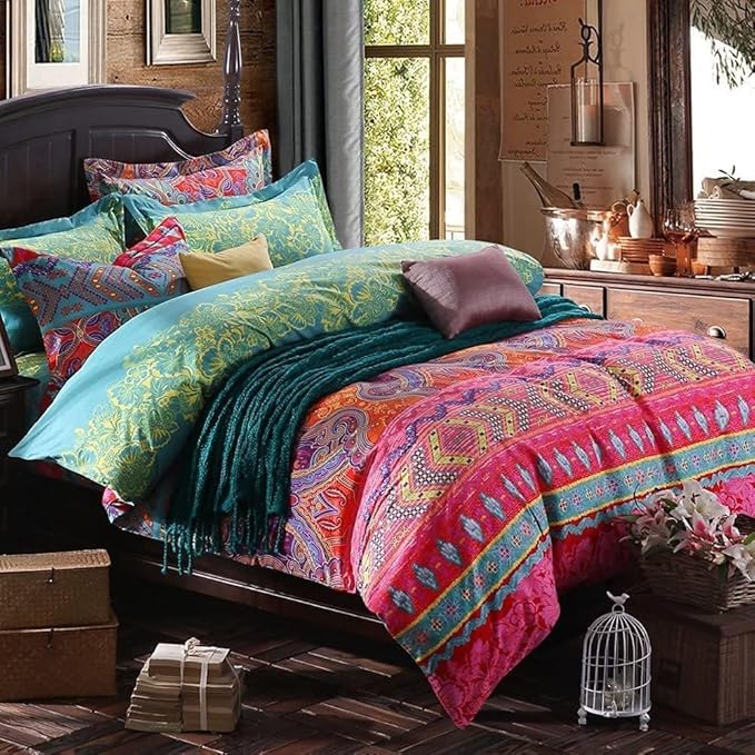 Boho Full Comforter Set Soft Chic 3 Pieces Bedding Full Comforter Set Lightweight Exotic Red Teal Bohemian Mandala Colorful Vintage Comforter Bed Set for All Seasons