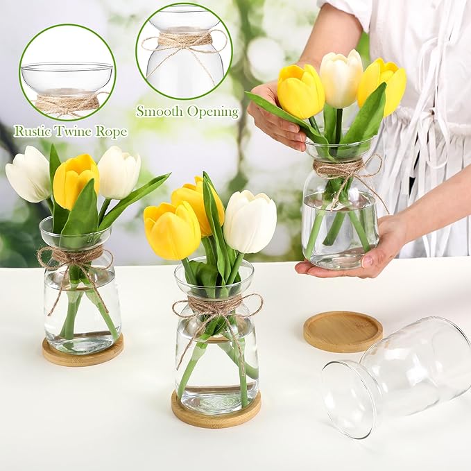 4 Sets Hyacinth Glass Vase with Bamboo Coaster Rope Hyacinth Avocado Growing Bud Vase Decorative Glass Flower Vases for Centerpieces Bulb Forcing Plant Containers Home Office Table Decoration