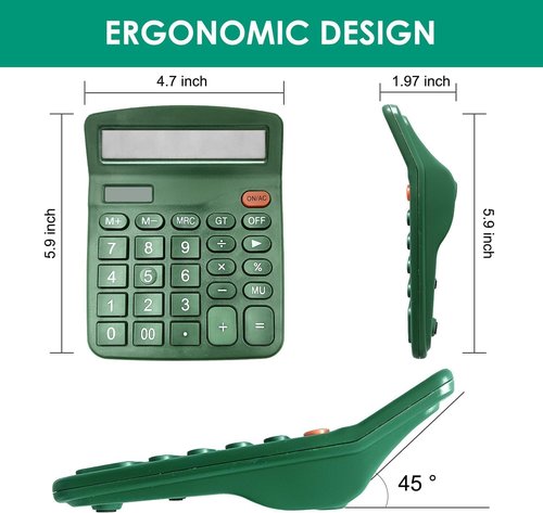 12 Digits Desktop Calculator - Large LCD Display, Dual Solar Power & Battery | Dark Green