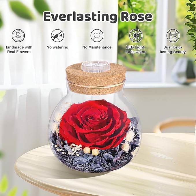 Christmas Birthday Gifts for Women Mom Preserved Rose Eternal Forever Flower in Glass Wishing Bottle with Colorful LED Light Flowers for Delivery Prime for Grandma Wife Sister Friend from Daughter Red