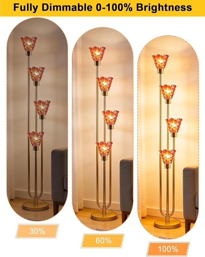 Lightdot Glass Floor Lamp Dimmable 4-Lights Gold with Deep Red Glass Shade 3000K Bulbs Included Mid Century Modern Standing Tall Lamp with 5Lbs Heavy Base for Living Room/Bedroom/Sofa Beside