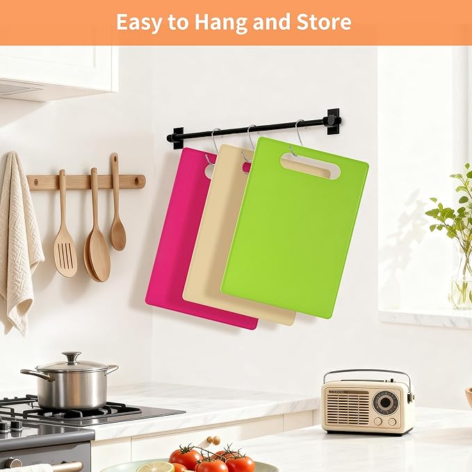 Kitchen Cutting Board Set of 6, Plastic Cutting Boards with Easy Grip Handle for Kitchen Cooking, Non Slip Cutting Mat Pad for Meat, Fruit, Vegetables, 12 Inch by 8 Inch
