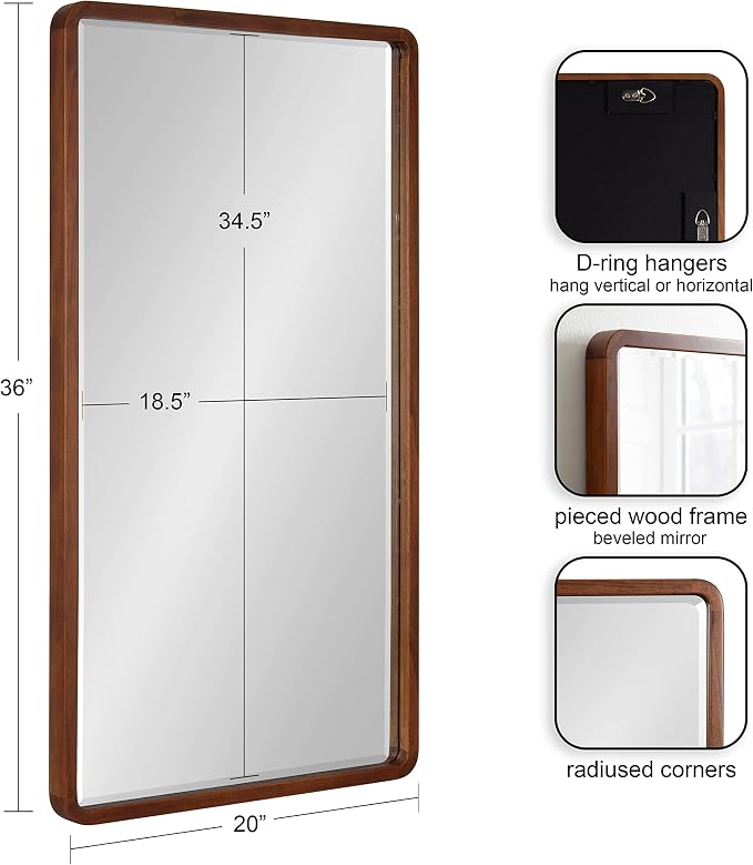 Kate and Laurel McLean Modern Wood Framed Rounded Rectangle Wall Mirror, 20 x 36, Walnut Brown, Decorative Round Rectangular Mirror for Contemporary Wall Decor
