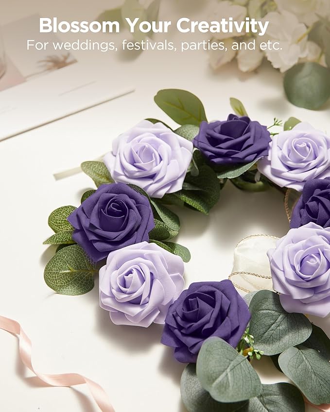 InnoGear Artificial Flowers, 50 Pcs Dusty Purple Foam Fake Roses Bulk with Stems for Decoration DIY Wedding Bouquets Centerpieces Bridal Shower Party Valentines Christmas Tree