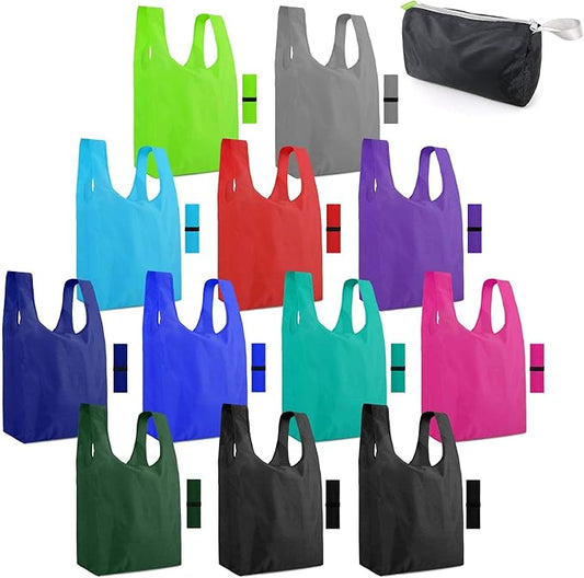 BeeGreen Reusable Shopping Bags with Handles - 12 Pack Foldable Polyester Tote Bags Bulk with Zipper Pouch, Travel Tote Cloth Bag for Women Holiday Beach, Washable Reusable Gift Bag for Groceries