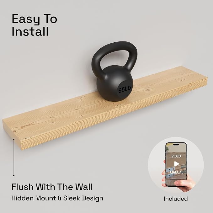 BAOBAB WORKSHOP Wood Floating Shelves for Bathroom Wall - Long Shelf 36 inch - Floating Wooden Shelves for Bedroom Kitchen Living Room - Natural Wood Shelves, 36 x 6.7 Inch, Set of 2