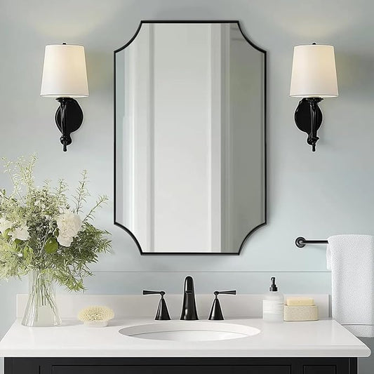 ANDY STAR 20"x30" Bathroom Mirror, Matte Black Vanity Mirror, Scalloped Rectangle Mirror in Premium Stainless Steel Frame, Scalloped Corners Design, Compact Size Ideal for Small Bathroom Remodel