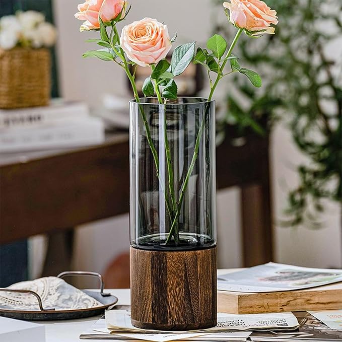Wooden Vase, Glass Vase with Wooden Base Cylindrical Flower Vase, Classic Boho Rustic Style for Fireplace Bedroom Kitchen Living Room Centerpieces Office Desk, 10" H (Glossy)
