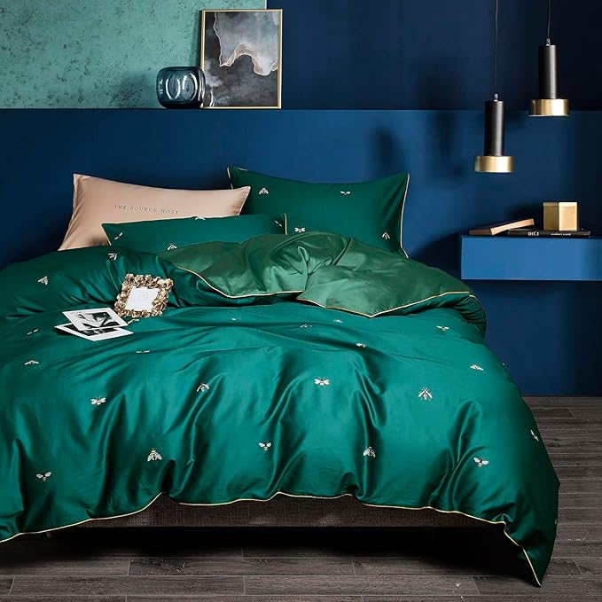 mixinni Dark Green Duvet Cover Twin XL Size, 100% Long Staple Cotton Honeybee Floral Pattern 3pc Bedding Duvet Cover Set with Zipper Ties 2 Pillowcases Perfect for Him and Her-Twin XL Size