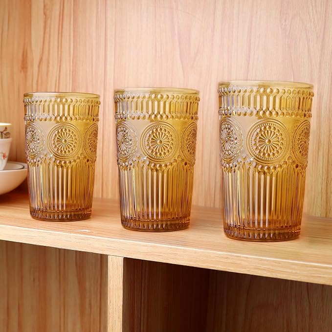Loivttvv 6pcs Vintage Drinking Glasses Set, 12 oz Amber Highball Glasses, Embossed Ribbed Glassware Cups for Thanksgiving Cocktail, Juice, Whiskey