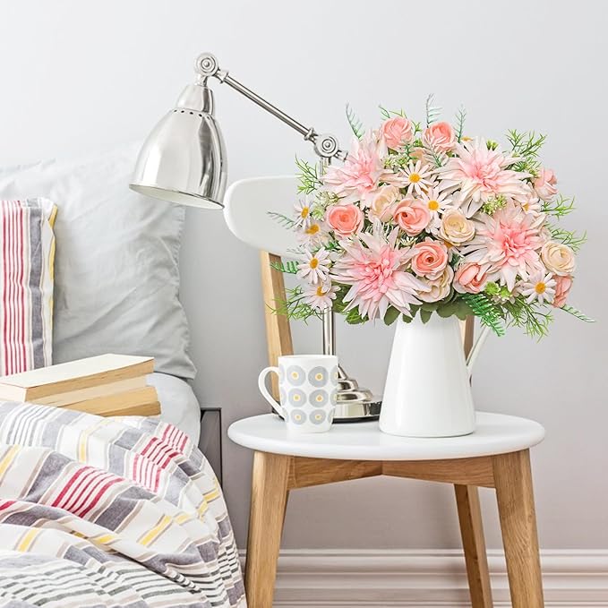 2PCS Artificial Flowers Dahlia Bouquet Fake Flowers Pink Silk Roses Daisies Faux Floral Arrangements for Dining Table Centerpieces for Kitchen Bridal Bouquet Wedding Party Home Decor