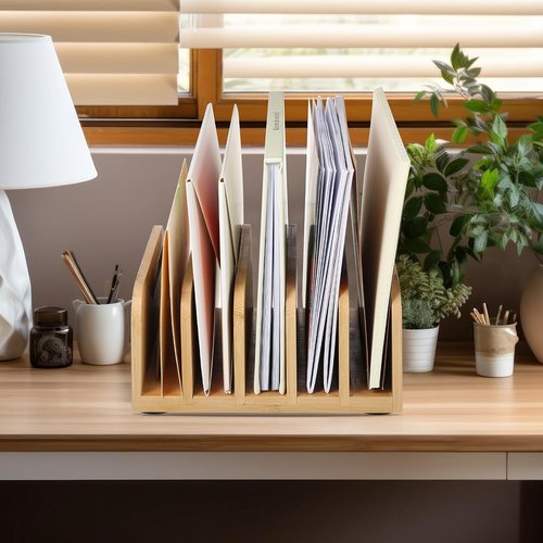 Lineshading Bamboo Desk Mail Organizer - 5 Compartment File Holder with Anti-Slip Mat for Home Office