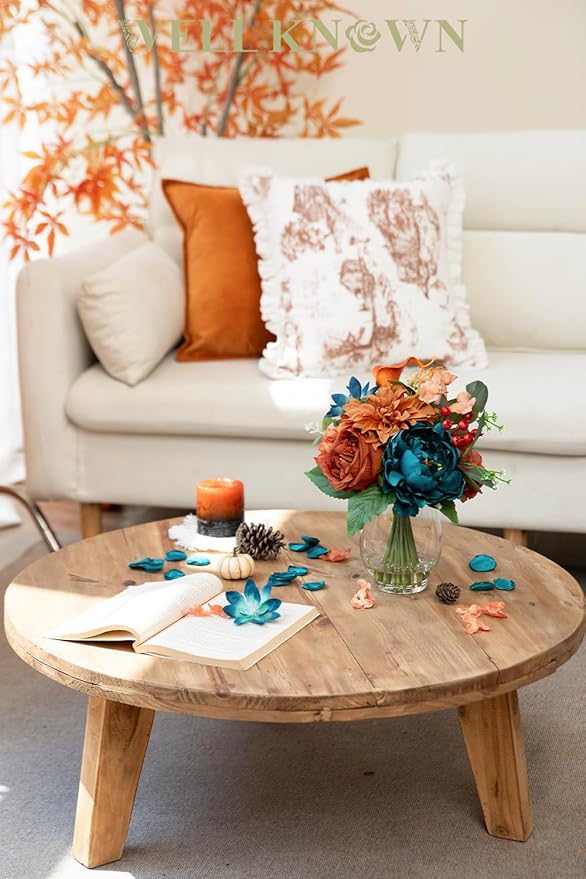 Artificial Flowers in Vase with Fake Water, Faux Silk Peony Dahlia Bouquet, Teal Burnt Orange Flowers Arrangement for Dining Table Centerpiece Wedding Chritmas Party Winter Home Decor & Birthday Gift