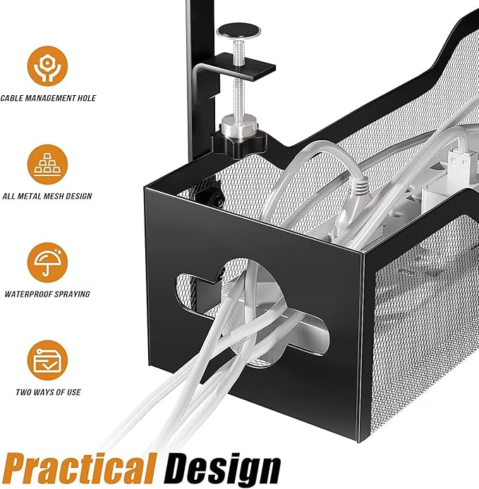 2 Pack Under Desk Cable Management Tray, 13.38" Cable Organizer No Drill, Quszmd Standing Cord Organizer and Wire Management - Black