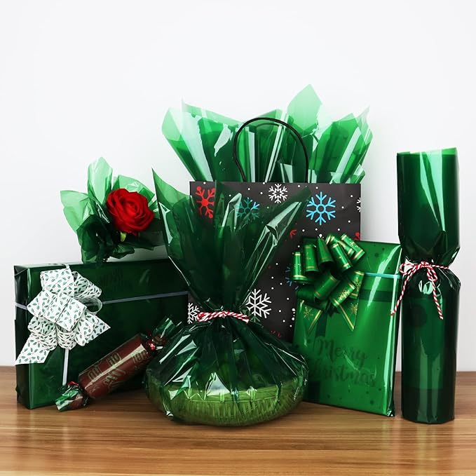 Clear Cellophane Wrap Roll-Green Plastic Cello Paper Roll 34 In Wide X 100 Ft Long, 3 Mil Thick Gift Wrapping Paper for Hampers, Flower Paper Wrap For Bouquets, Baskets, Treats, DIY Arts Crafts Décor