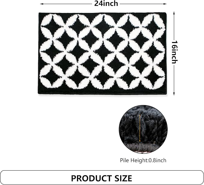 Civkor Black and White Bathroom Rug Non Slip Washable, Tufted Bath Mat for Bathroom with TPR Backing, Quick Dry Fluffy Microfiber Piles, Super Water Absorbent Thin Bath Rug Fit Under Door, 24x16Inch
