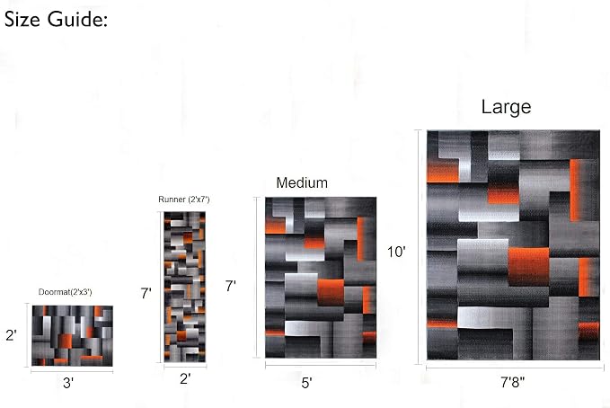 HR 5’ x 7’ Rug in Electric Orange - Premium Quality Orange/Black/Gray Abstract Geometric Modern Squares Pattern Area Rug - Contemporary Styling for Living Room, Bedroom - Unique Home Decor