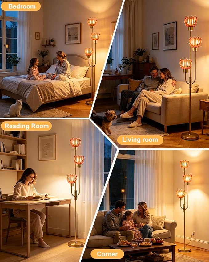 Lightdot 3-Lights Modern Glass Floor Lamp Gold Dimmable Floor Lamps with 3000K Warm White Bulbs for Wedding Party 66IN Tall Standing Lamp with Deep Red Glass Shade for Living Room/Bedroom/Home Decor