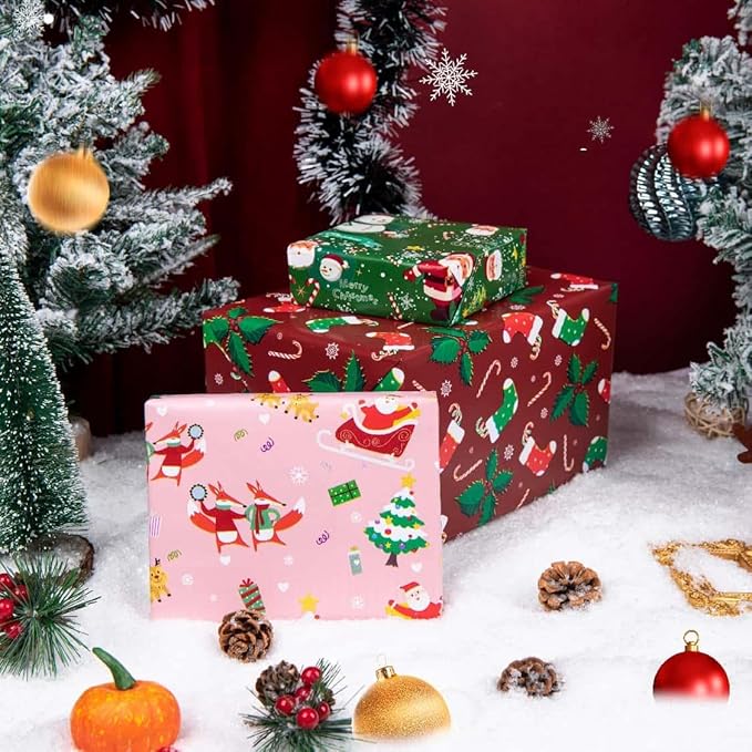 Christmas Wrapping Paper Roll-Pink/Red/Green Wrapping Paper- 3 Large Roll - 27 Inch X 6.5 Feet each roll Design for Holiday, Party, Celebration (Christmas Pink/Red/Green（007）)
