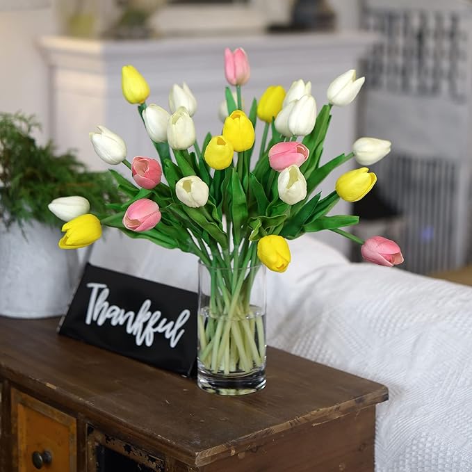FiveSeasonStuff Real Touch Tulips Artificial Flowers – 15 Stems Faux Tulip Bouquet in Gift Box for Wedding, Home Decor, Party, Floral Arrangements (Amaranth Pink)