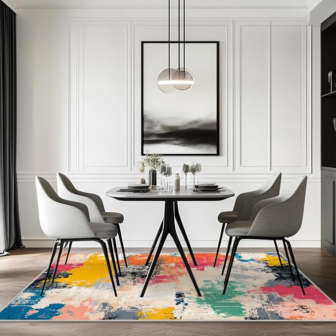 5x7 Colorful Area Rug Modern Abstract Beige Orange Yellow Pink Blue Black White Grey Rug Bedroom Low Pile Thin Large Carpet Living Room Non Slip Dining Room Stain Resistant Office Washable Machine