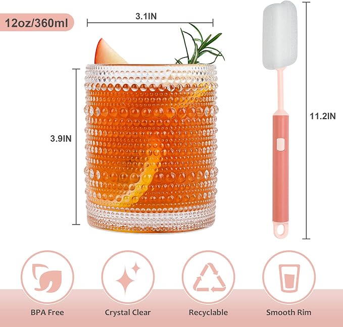 ZMOWIPDL Vintage Glassware Drinking Glasses Set of 6,12 oz Hobnail Glass Cups,Embossed Clear Water Tumbler,for Beer,Cocktail,Whiskey,Juice and Various Mixed Drinks- 1 Cleaning Brush