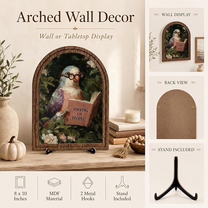 Wooden Tabletop Decor Funny Reading Bird Art for Bookshelf Desk Shelf, Vintage Floral Bird Sign with Rustic Frame and Stand, Home Office Decorative Accent for Bird Lovers