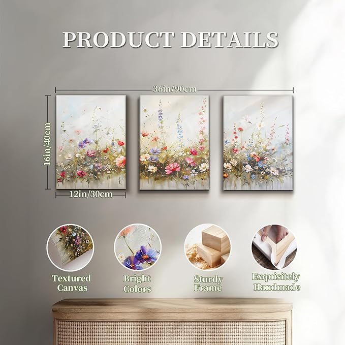 SERIMINO Nature Floral Botanical Wall Art Prints Aesthetic Farmhouse Decor, Misty Flowers Modern Home Decor Paintings, 3 Piece Canvas Wall Art for Living Room Bathroom Bedroom 12"X16"