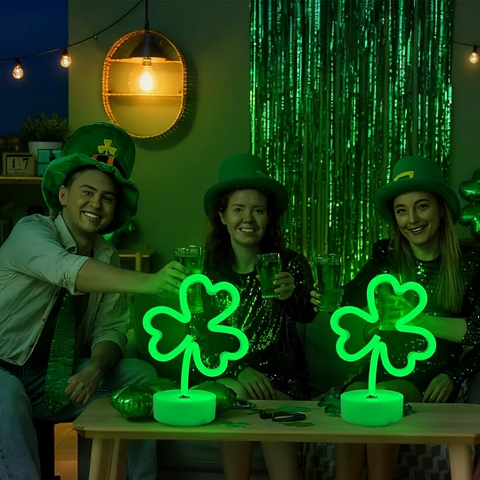 BRIGHTDECK 2 Pack Clover Neon Signs, LED Lights Battery Operated or USB Powered Decoration Lamp, Neon Lights Decor for St. Patrick's Day Gifts, Wedding, Party, Room Decor(Clover)