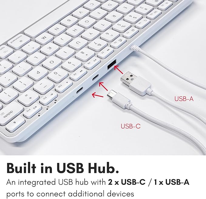Macally Small Keyboard for Mac with USB Hub (3 Ports) - Wired 2 in 1 USB C + A Plug - Save Space with an Apple Compatible Keyboard (78-Key Layout) - Silver