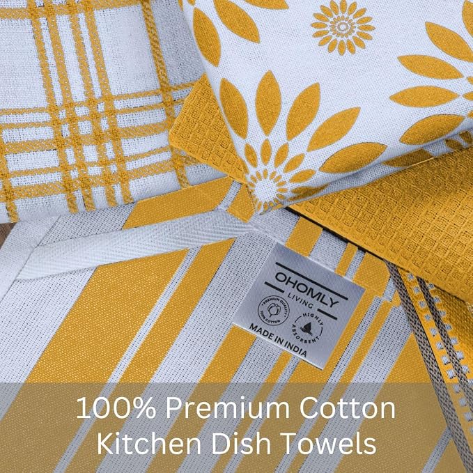 Assorted Kitchen Towels Set of 5-100% Cotton Dish Cloths Towels with Hanging Loop - Soft, Absorbent & Washable for Kitchen Use - Quick Drying Dish Towels 16x26 Inch Mustard Yellow