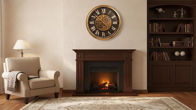 October Elf Large Real Moving Gears Wall Clock 24 Inch Vintage Industrial Steampunk Large Big Metal Wall Clock for Living Room Decor (24 Inch Roman Antique Brass Brown)