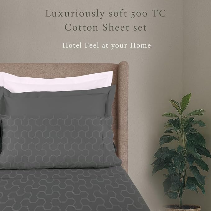 Threadmill 500 Thread Count Twin Size 3 Pc Luxury Cotton Bedding Set, Jacquard Floria Dark Grey, Breathable Sheets with 15" Elasticized Deep Pocket, 1 Pillowcase & Free Tote Bag
