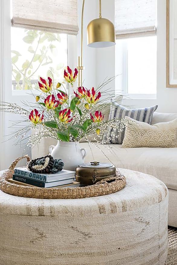Briful Set of 3 Artificial Flowers Sprays Fake Gloriosa Superba Flowers, Fushia Faux Flame Lily Flowers Bouquets Floral Arrangement for Wedding Home Farmhouse Centerpieces Vase, Fall Decor