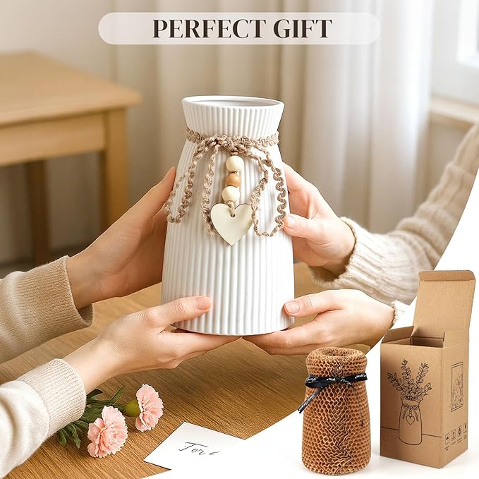 DomeStar White Flower Vase, Small Ceramic Vase Modern Home Decor with Grooves and Hanging Rope for Wedding Baby Shower Party Gift