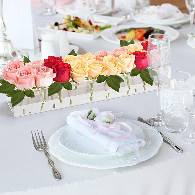 4Pcs Acrylic Flower Vase with 64 Holes,63 inch Decorative Long Clear Vase Modern,Rectangular Acrylic Vases Clear Floral Centerpiece for Dining Table Reception Home Party Decorations