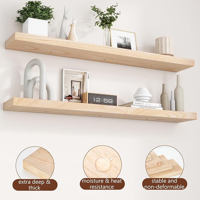 fuqing Natural Wood Floating Shelves, 48 Inch Wood Floating Shelves Set of 2, Natural Raw Wood Shelves for Living Room Bedroom Home Office - Natural