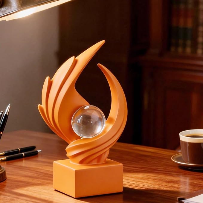 Modern Art Statue Decor, Abstract Swirl-Shaped Sculpture with Glass Ball Resin Art Figurines Centerpiece Sculptures for Home Decor Living Room Stand Coffee Table Office Bookshelf Decoration (orange)